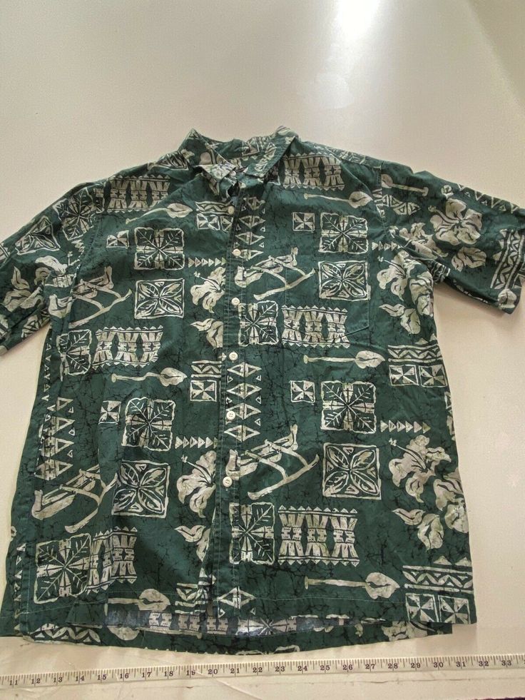 Kulanui Hawaii Tribal Print SHORT SLEEVE BUTTON UP SHIRT Large L This item is in excellent, Happiness condition. The Photos above are of the actual item(s) you are bidding on. When dress Shirts are S, M, L, XL, etc.., I have also included hand measurements (Neck, Sleeves) All Slacks, Pants, Jackets and suits are hand measured. Shipping Information: Payments Received before 12pm will ship out the same day! I ship all my items VERY FAST! If you Win multiple items, Shipping is Combined at $2.00 per Casual Vacation Shirt With Vintage Print, Green Casual Shirt With Vintage Print, Casual Green Shirt With Vintage Print, Casual Vintage Print Shirt For Vacation, Green Cotton Hawaiian Shirt With Graphic Print, Cotton Hawaiian Shirt With All Over Print, Patterned Cotton Camp Shirt With Short Sleeves, Green Vintage Print Short Sleeve Top, Printed Cotton Hawaiian Shirt