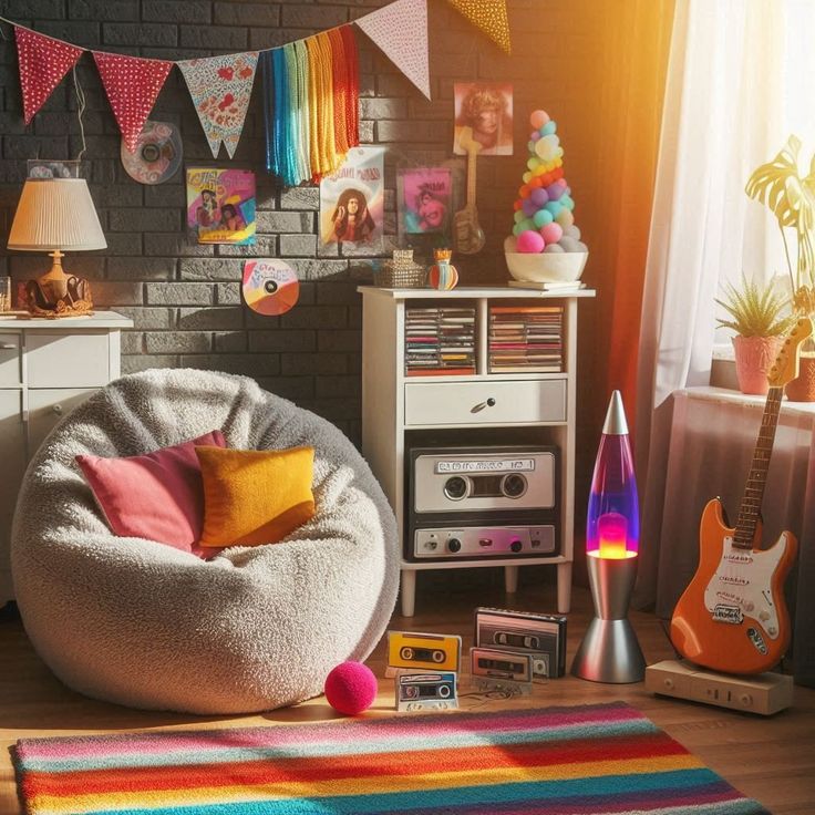 a room with a guitar and other musical instruments on the floor next to a brick wall