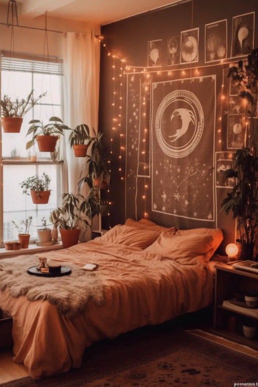 a bedroom with plants and lights on the wall