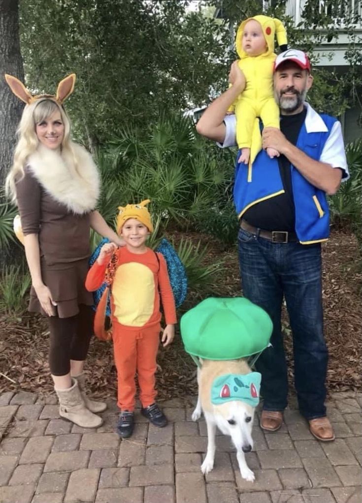 three adults and two children are dressed up as pikachu, eena, and the