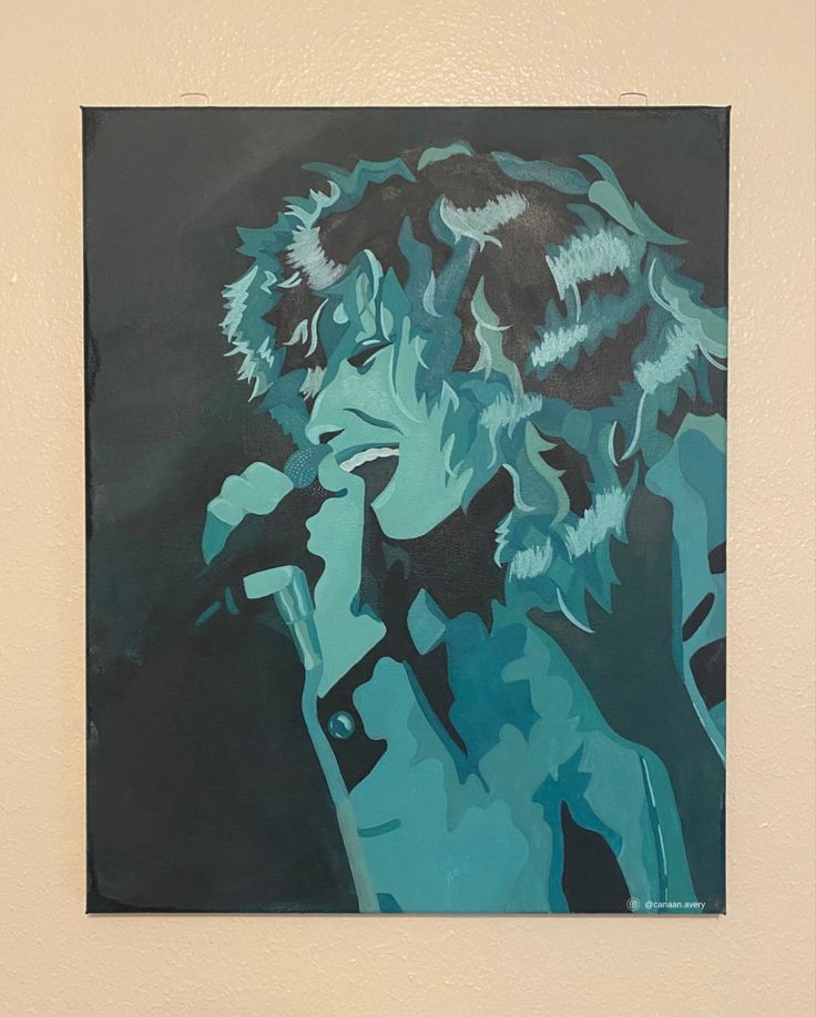 a painting of a man with long hair holding a microphone in front of his face