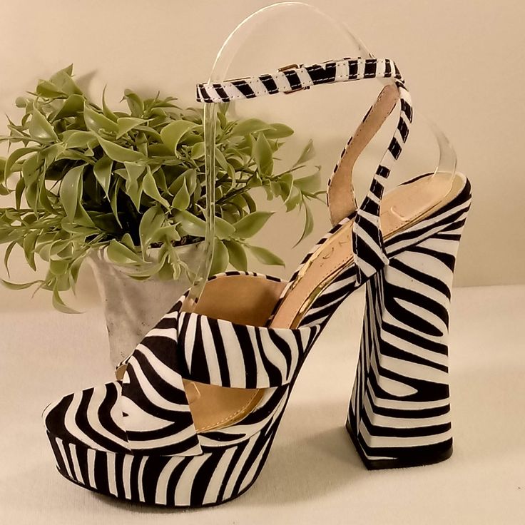 Suede Cross Open Toe Strap With Ankle Wrap Buckle And Wide Bottom Block 5 1/2 Inch Heel Chic Striped High Heel Shoes, Chic Striped High Heel, Chic Striped High Heels, High Heel Zebra Print Party Heels, Black High Heels With Zebra Print, Spring Zebra Print High Heels, Spring Zebra Print Heels, Chic Zebra Print High Heels, Ankle Wrap