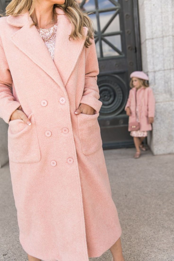 pink trench coat, wool pink coat, polyester coat, mom and daughter matching photos, pink coat, pink winter coat, pink hat inspo, pink photoshoot, paris photoshoot, paris outfit inspo, paris outfit inspiration, city photoshoot, city photoshoot outfit inspo, mom and daughter walking, matching outfit, mom, daughter, outfit inspo, mom kissing daughter, photoshood posing inspo Oversized Pink Outerwear With Button Closure, Chic Long Pink Pea Coat, Pink Fall Outerwear With Buttoned Pockets, Pink Outerwear With Buttoned Pockets For Fall, Pink Oversized Long Coat, Oversized Pink Long Coat, Oversized Pink Outerwear For Work, Pink Outerwear With Buttoned Pockets For Spring, Feminine Pink Outerwear With Buttons