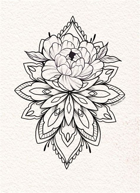 a black and white drawing of a flower with leaves on the petals, in an ornate style