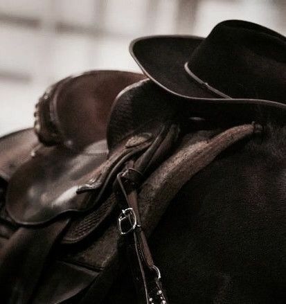 a black and white photo of a cowboy hat on a horse's back end