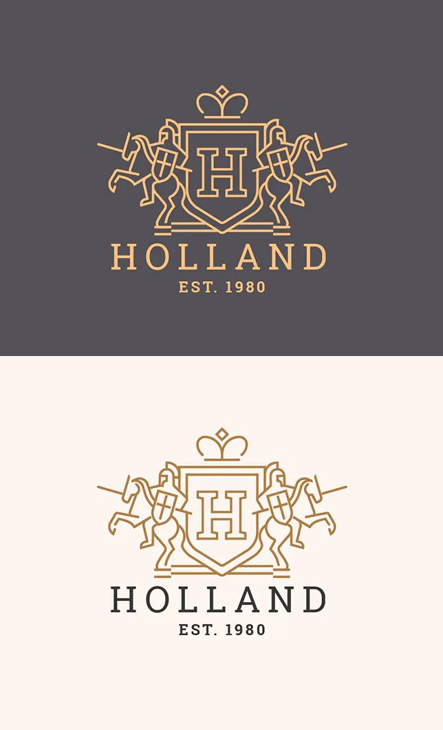 two logos for holland est 1908 and est 1900, which are both gold and black