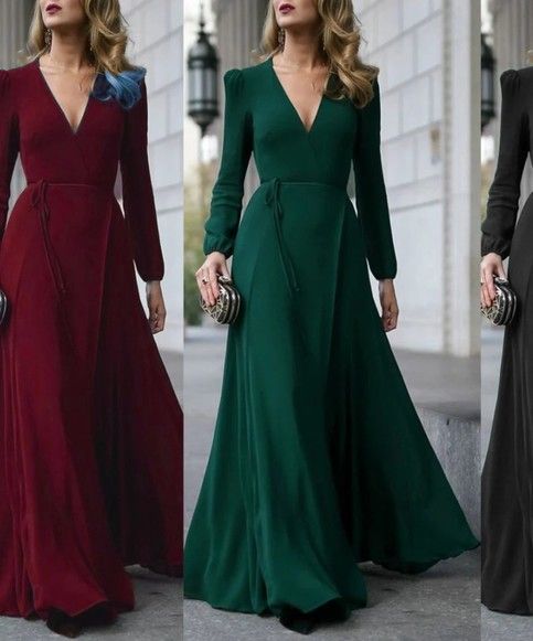 ✿Material Green Long Sleeve V-neck Dress For Formal Occasions, Formal Green Long Sleeve V-neck Dress, Fitted Maxi Length Office Dress, Fitted Maxi Dress For Office, Green V-neck Office Dress, Green Office Dresses For Fall, Green A-line Dress For Office, Belted Long Dress, Ladies Club