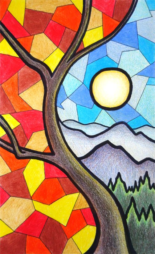 a drawing of a tree with mountains in the background and an orange sun above it