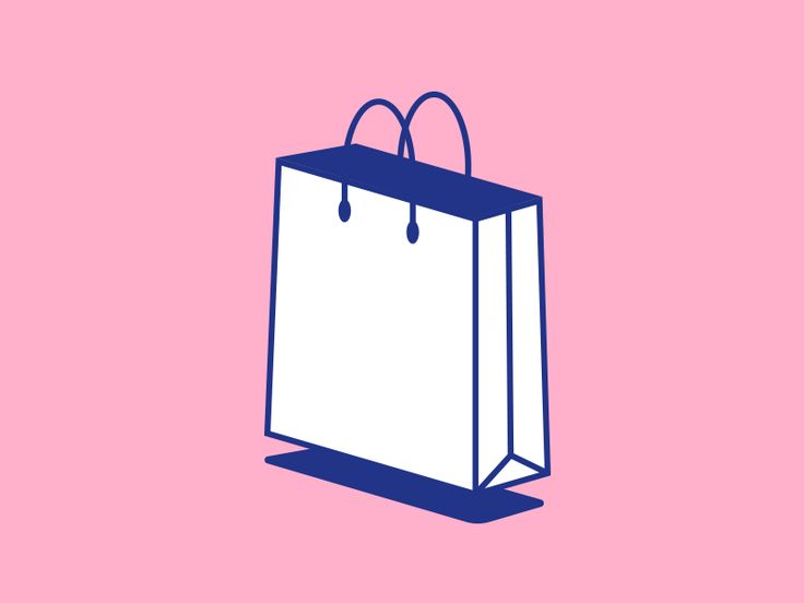 a white shopping bag with blue handles on a pink background, minimalistic drawing by hand