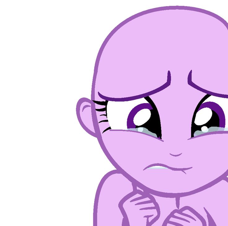 a cartoon character with purple hair and eyes looking at the camera, while holding his hand on