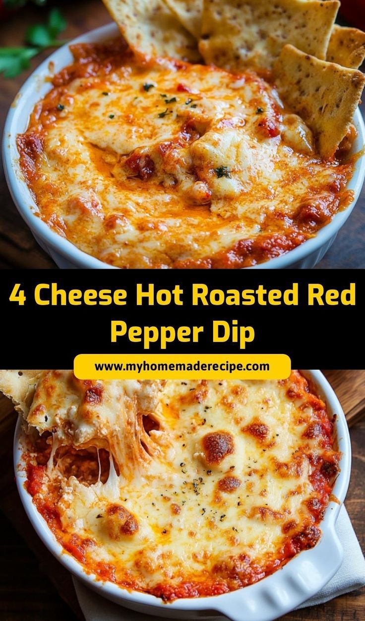 four cheese hot roasted red pepper dips with tortilla chips on the side