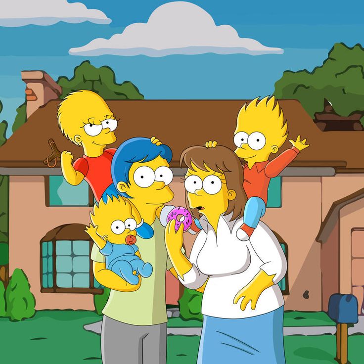 the simpsons family is standing in front of their house with one child and two adults