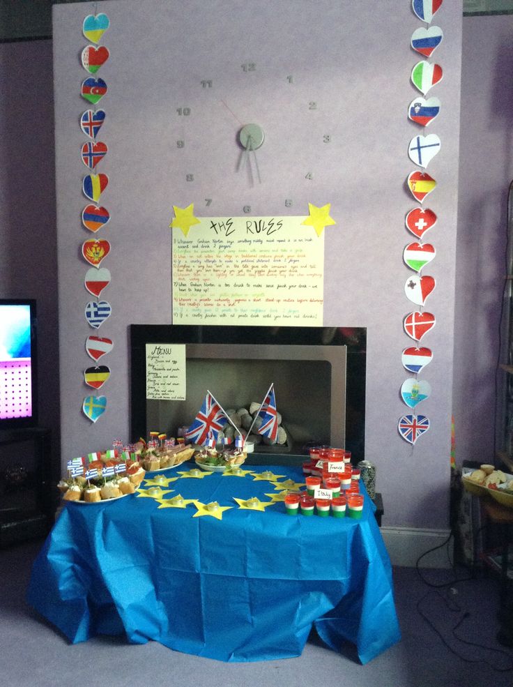 a blue table topped with lots of desserts next to a wall mounted clock and tv