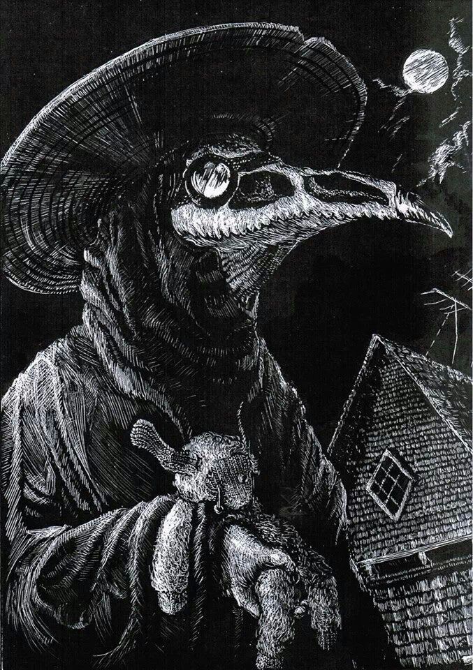 a black and white drawing of a bird wearing a witch's hat with a house in the background