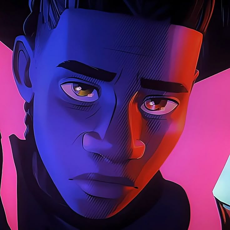 a close up of a person with an evil look on their face and the background is pink and blue