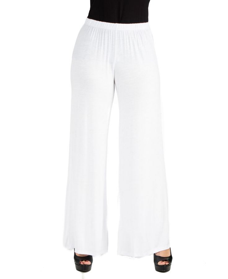 These comfortable palazzo pants are so easy to wear you'll want them in every color Featuring an elastic waist, stretch material, flared pant legs, and a relaxed fit. Available in ten color options and made from a comfortable stretch material that is machine washable. Spring Wide Leg Bottoms With 4-way Stretch, Versatile White Full-length Pants, Versatile Full-length White Pants, Versatile White Full Length Pants, Versatile Full Length White Pants, White 4-way Stretch Pants For Spring, Solid 4-way Stretch Pants For Spring, Spring 4-way Stretch Pants, White 4-way Stretch Straight Leg Bottoms