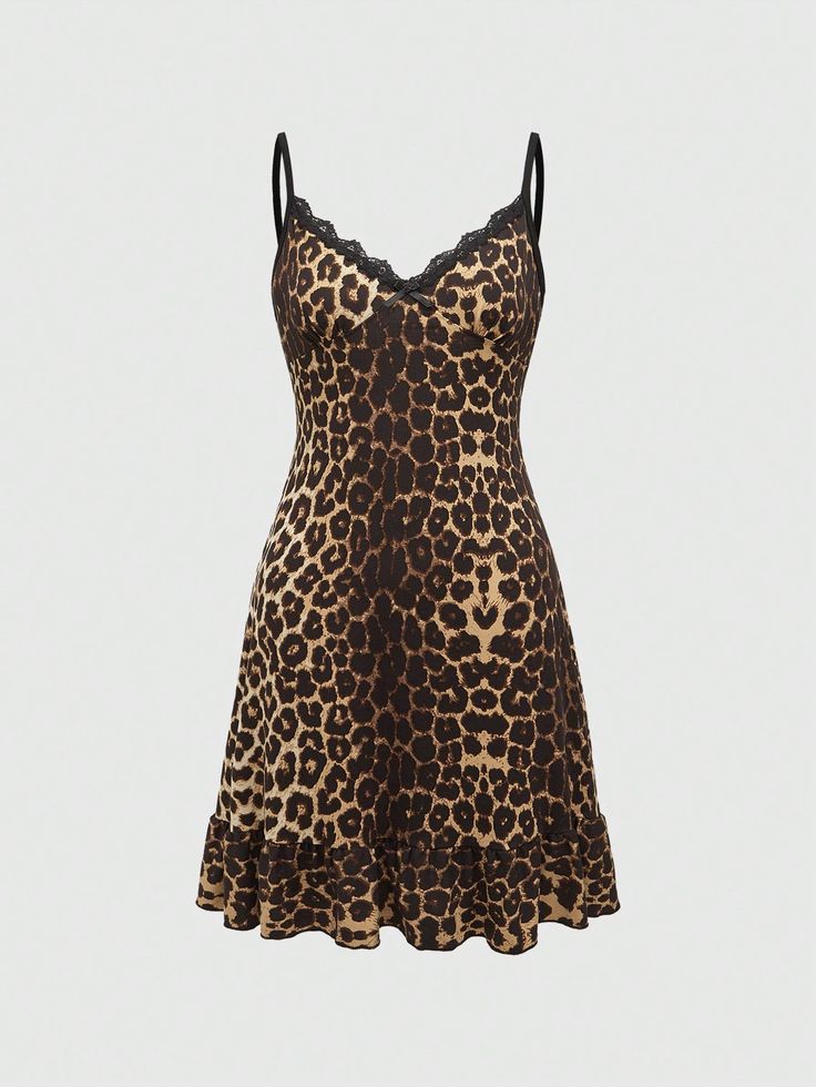 Sassy Leopard Print Lace Trim Cami Dress For Women, School Multicolor Casual  Sleeveless Knitted Fabric Leopard Print,All Over Print,Textured Pattern Cami High Stretch  Women Clothing, size features are:Bust: ,Length: ,Sleeve Length: Leopard Print Mini Dress, Cheetah Dresses, Cheetah Dress, Lace Trim Cami, Cheetah Print Dress, Animal Print Dress, Animal Print Fashion, Leopard Print Top, Dreamy Dress