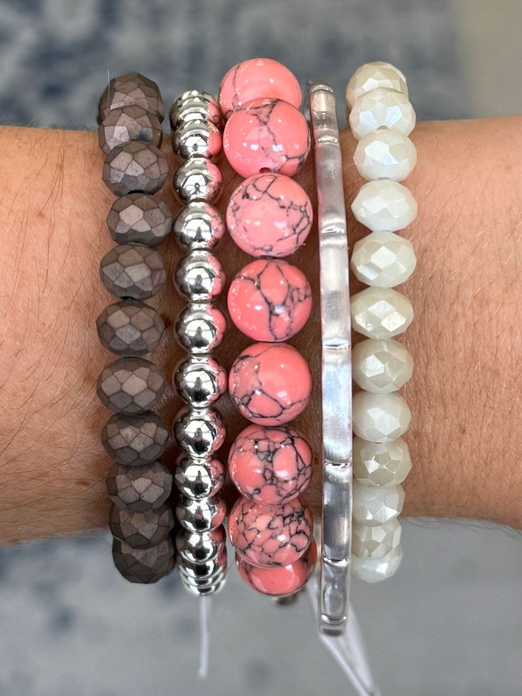 A pretty coral color that looks pink or orange! Great with any stack to brighten it up for a pop of color. A must have for the spring and summer months!!! Elegant Pink Stretch Bracelet For Everyday, Pink Round Beads Stretch Bracelet For Everyday, Pink Stretch Bracelet With Round Beads For Everyday, Trendy Adjustable Coral Bracelets, Casual Pink Stretch Bracelet With 8mm Beads, Pink Stackable Bracelets For Everyday, Everyday Pink Stackable Bracelets, Everyday Stackable Pink Bracelets, Everyday Pink Hypoallergenic Stretch Bracelet