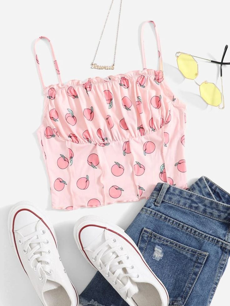 Indie Concert Outfit, Glasses Frames For Girl, Shein Fits, Peach Tank Top, Peach Print, Cute Peach, Boho Crop Tops, Top Shein