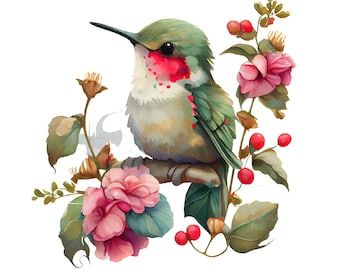 a painting of a hummingbird sitting on a branch with flowers