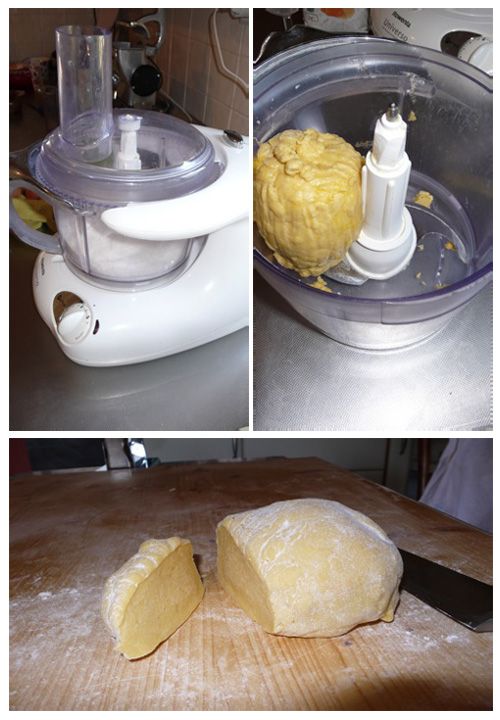 three pictures show the process of making bread in a food processor and using a knife to cut it