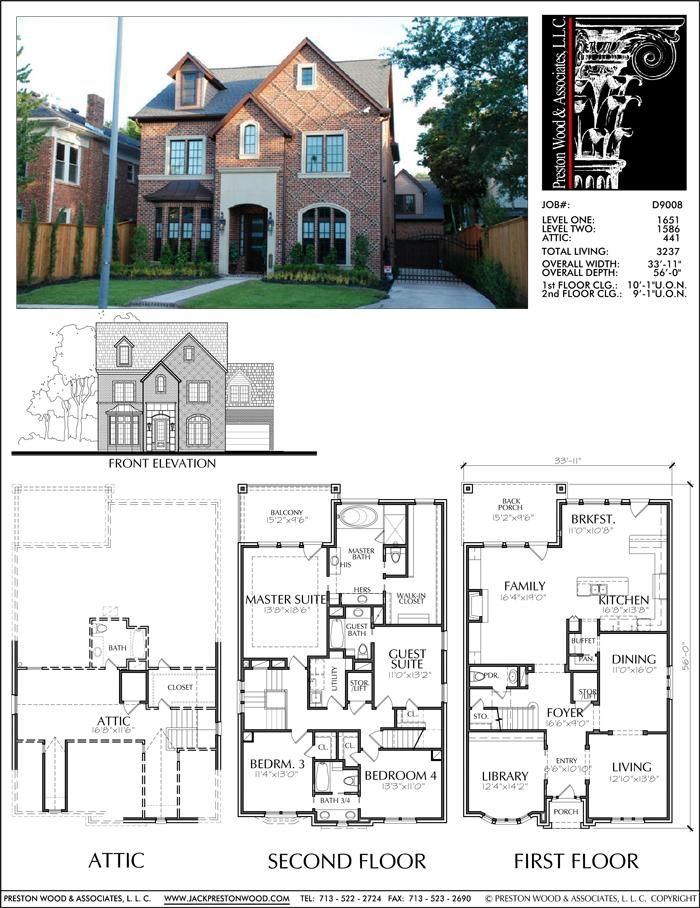 two story house plans with an attached garage and second level living room in the middle