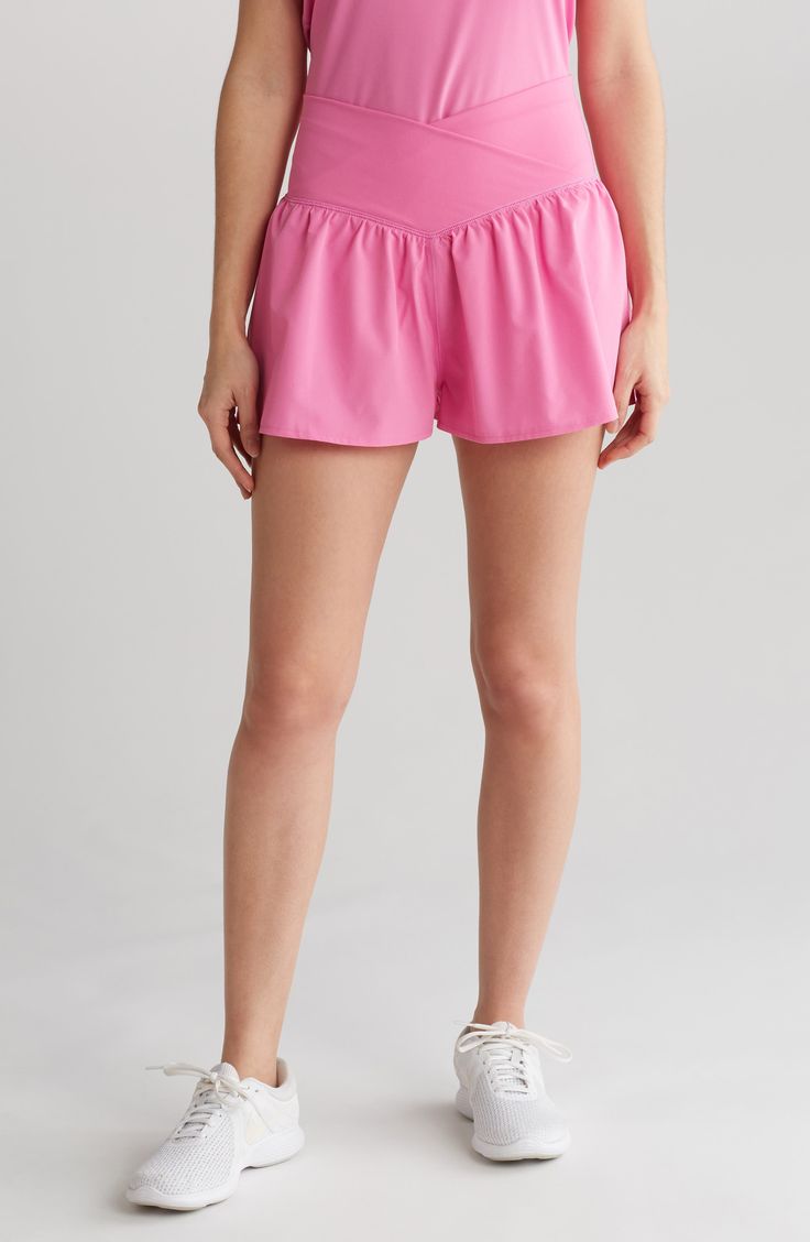 A crossover waistband adds on-trend appeal to workout-ready shorts cut from airy woven fabric for easy movements. 2" inseam Partially lined 89% polyester, 11% spandex Machine wash, line dry Imported Short Cuts, Crossover, Woven Fabric, Nordstrom Rack, Nordstrom, Spandex, Fabric