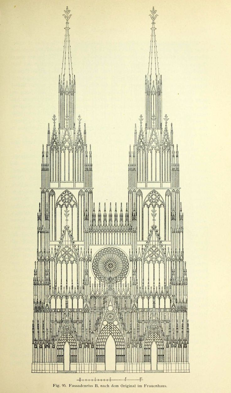 an old drawing of a cathedral with many spires and elaborate carvings on the front