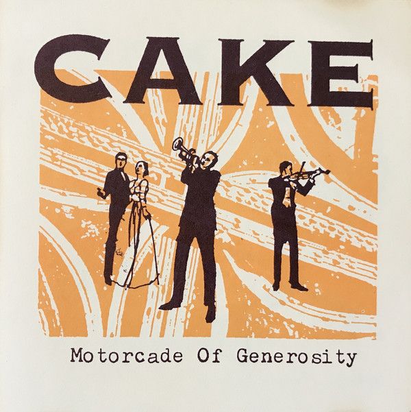 an advertisement for a cake company with three men playing instruments