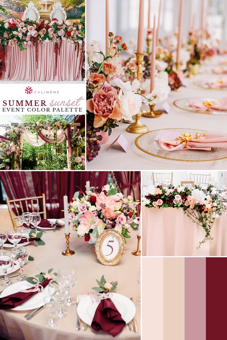 the table is decorated with pink flowers and gold place settings for an elegant dinner party