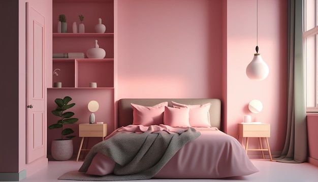 a bedroom with pink walls and furniture