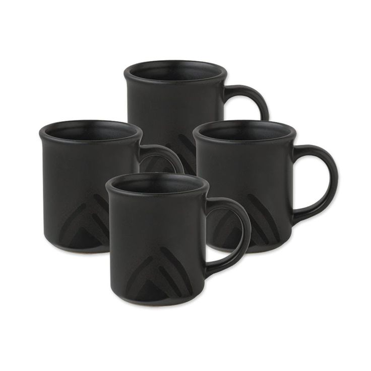 three black coffee mugs sitting next to each other