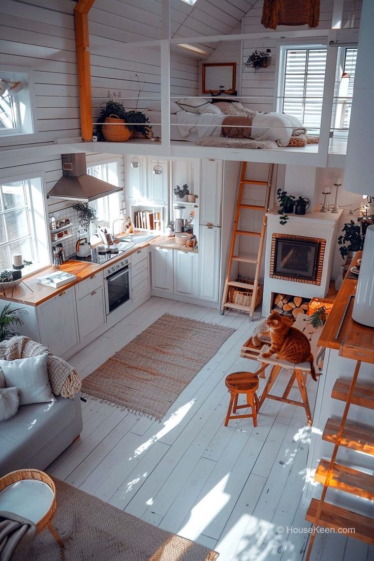 a cat is laying on the floor in a small room with white walls and wood floors