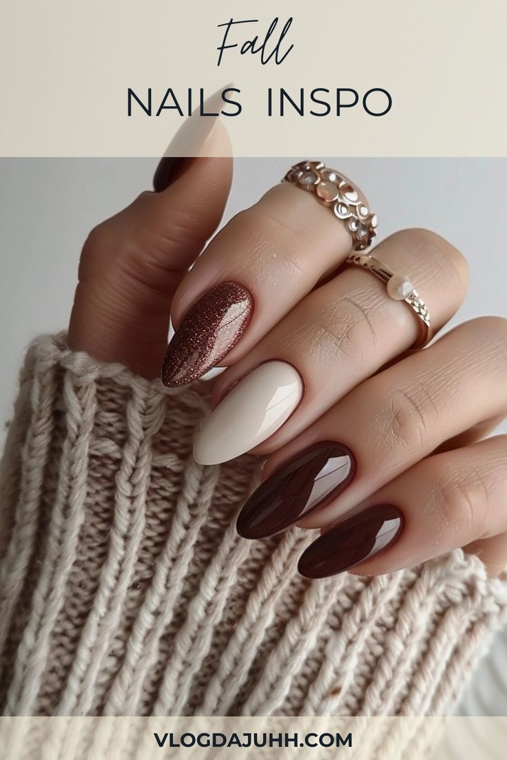 Explore a variety of fall nail designs that are perfect for this season. From warm tones to elegant patterns, find the look that's right for you. #FallNails #AutumnNailArt #NailDesigns #FallNailInspo #NailArtTrends #AutumnNailColors #SeasonalNails #NailInspiration Fall Nails 2024 Halloween, White Nails With Pumpkin Design, October 2024 Nail Trends, Fall Work Nails, Fall Mauve Nail Colors, Fall Neutral Nails Almond Shape, Mulled Wine Nails, Mocha Swirl Nails, Oval Fall Nails Acrylic