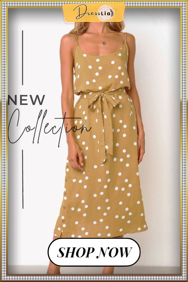 Fashion Casual Dot Split Joint Spaghetti Strap A Line Dresses Casual Polka Dot Sundress For Summer, Polka Dot Spaghetti Strap Vacation Dress, Casual Polka Dot Midi Dress For Summer, Polka Dot Summer Dress With Spaghetti Straps, Summer Dress With Polka Dot And Spaghetti Straps, Trendy Polka Dot Dresses For Summer, Trendy Polka Dot Summer Dress, Polka Dot Midi Dress For Summer Vacation, Chic Polka Dot Sundress For Summer