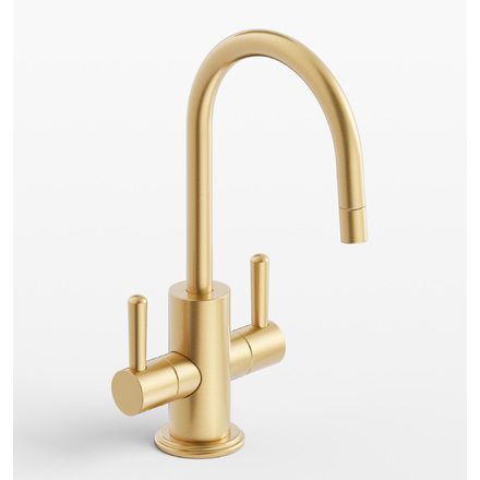 a gold faucet with two handles and nozzles on a white background