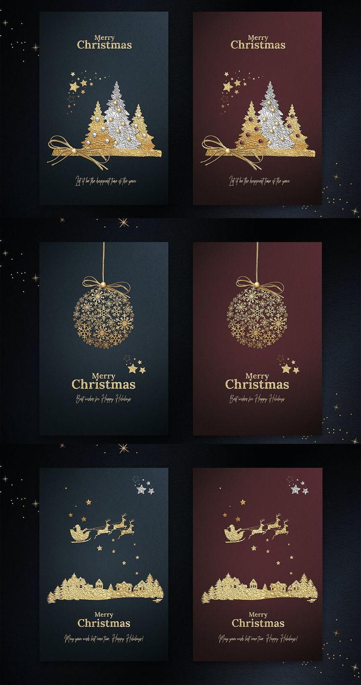 christmas greeting cards with gold glitters and trees on them, all in different colors