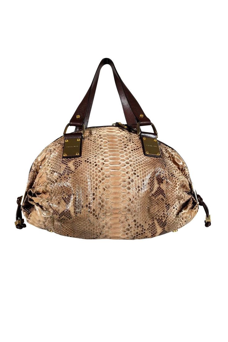 Current Boutique-Michael Kors - Brown Snakeskin Leather Bag Michael Kors Leather Bag With Top Handle, Michael Kors Leather Satchel With Top Carry Handle, Everyday Top Handle Snake Print Bag, Everyday Use Snake Print Top Handle Bag, Everyday Snake Print Satchel Bag, Everyday Snake Print Top Handle Bag, Daily Use Leather Snake Print Bags, Leather Top Handle Shoulder Bag With Snake Print, Leather Snake Print Bags For Daily Use