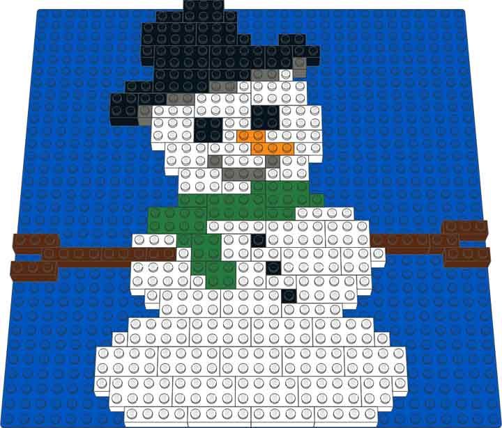 a snowman made out of legos on a blue background