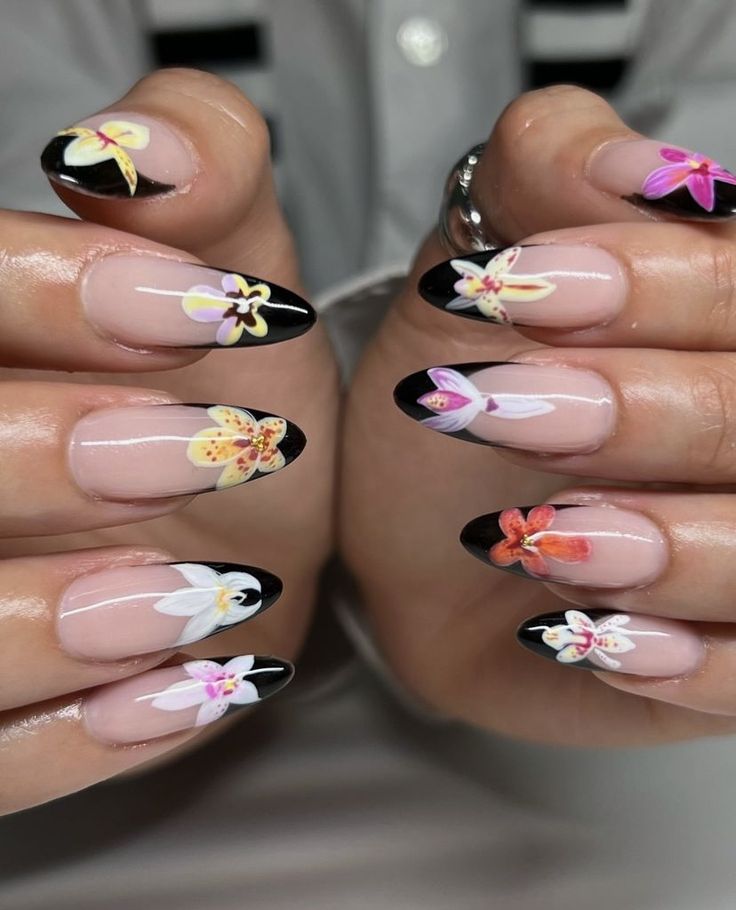 @gelestialnails Manicures With Designs, Nail Art Tips Designs, Orchid Nails Design, Acrylic Paint Nails, Different Hand Nails, Nails Painting Ideas, Orchid Nail Art, Orchid Nail Designs, Cool Nails Acrylic