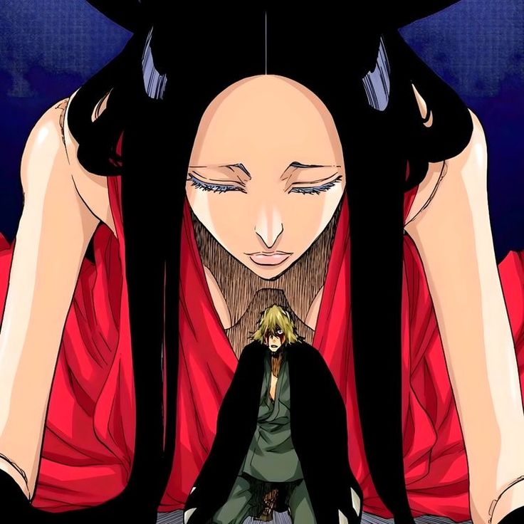 an anime character with long black hair sitting on the ground in front of another character