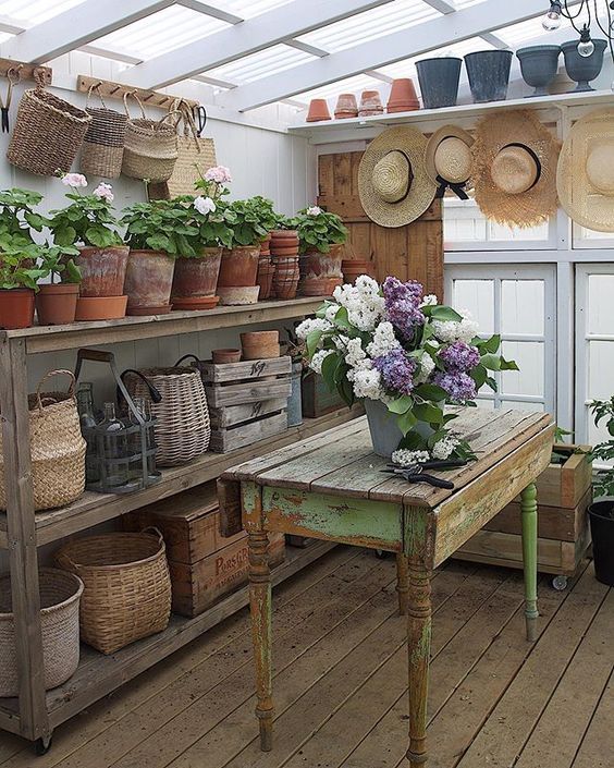 a room filled with lots of potted plants next to a wooden table and shelves