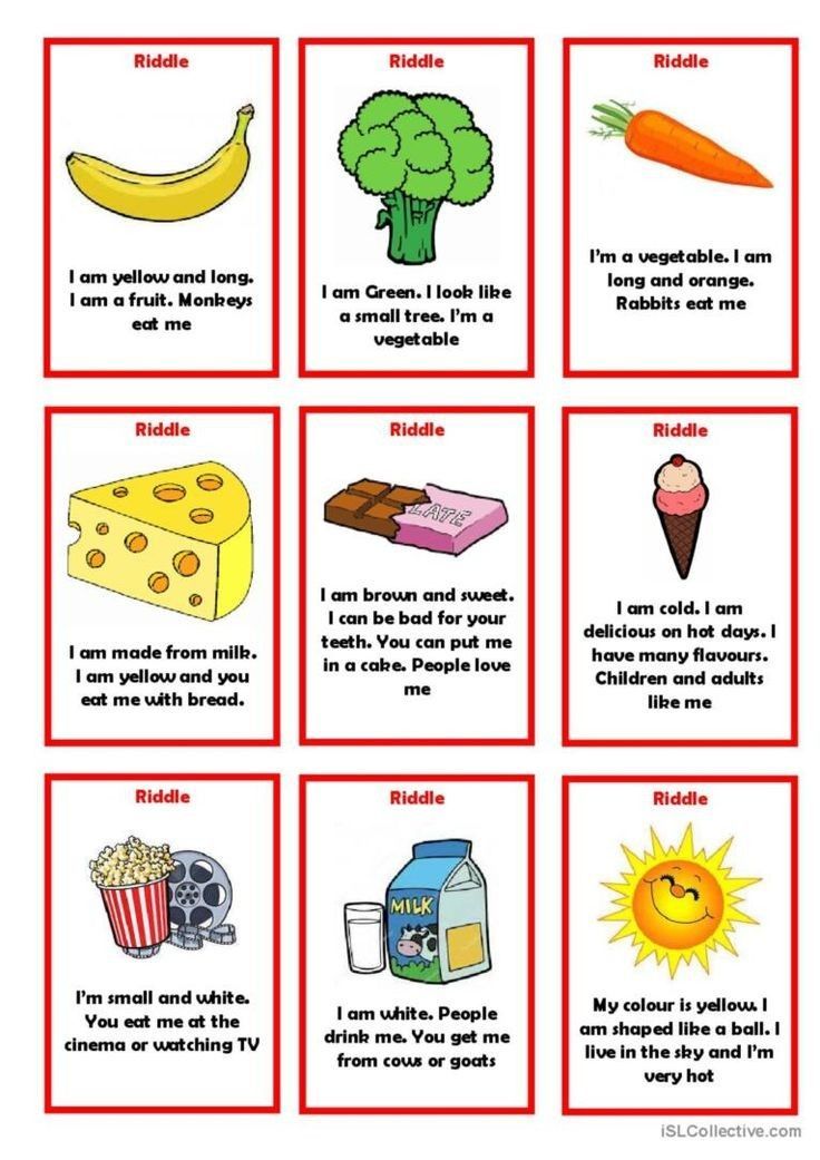 riddles for kutties Guess The Food Game, Communication And Language Activities, Food Games For Kids, Easy Riddles, Speaking Activities English, School Objects, Riddles For Kids, Reading Comprehension For Kids, Brain Teasers For Kids