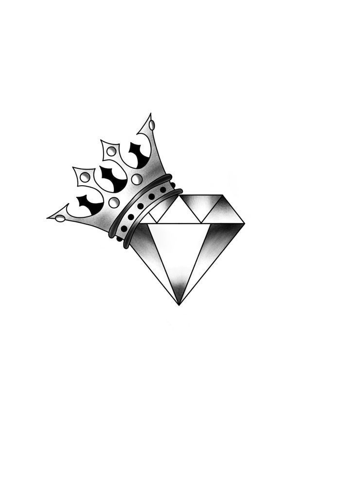 a black and white drawing of a diamond with crowns on it