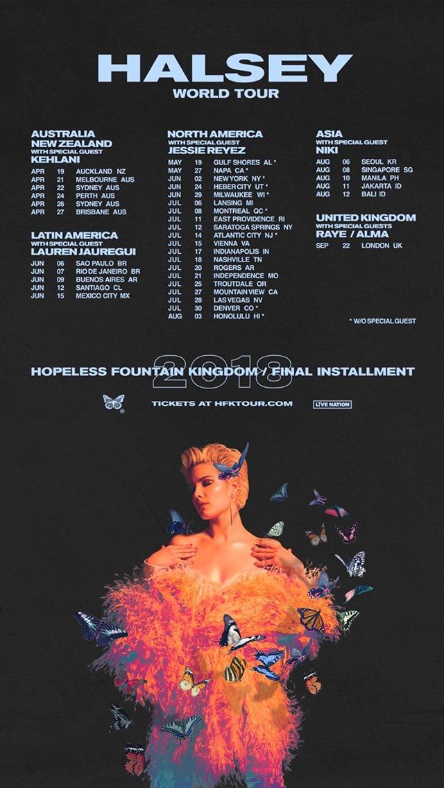 the poster for halsey's world tour shows an image of a woman in orange feathers