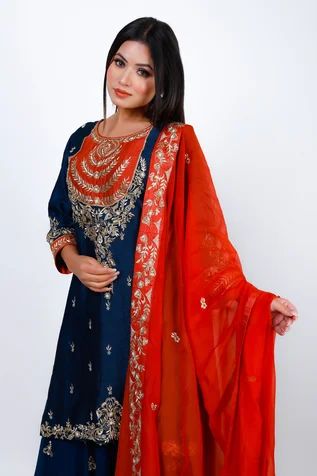 Shop for GEETIKA JAIN Blue Zari Embroidered Kurta Sharara Set for Women Online at Aza Fashions Silk Sharara, Red Dupatta, Kurta Sharara Set, Kurta Sharara, Blue Kurta, Georgette Dupatta, Sharara Set, Silk Organza, Floral Motifs