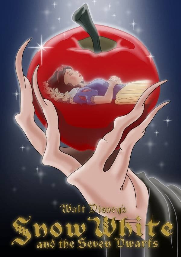 a woman holding an apple in her hands with snow white and the seven dwarfs written on it