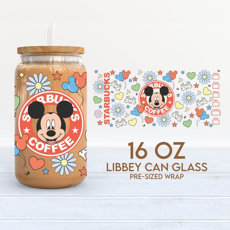 a glass jar with a mickey mouse sticker on it