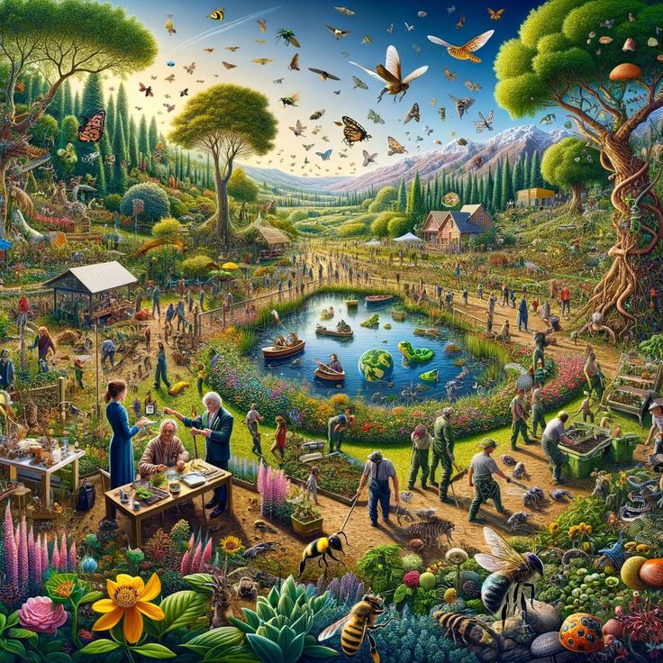 a painting of people and animals in a garden