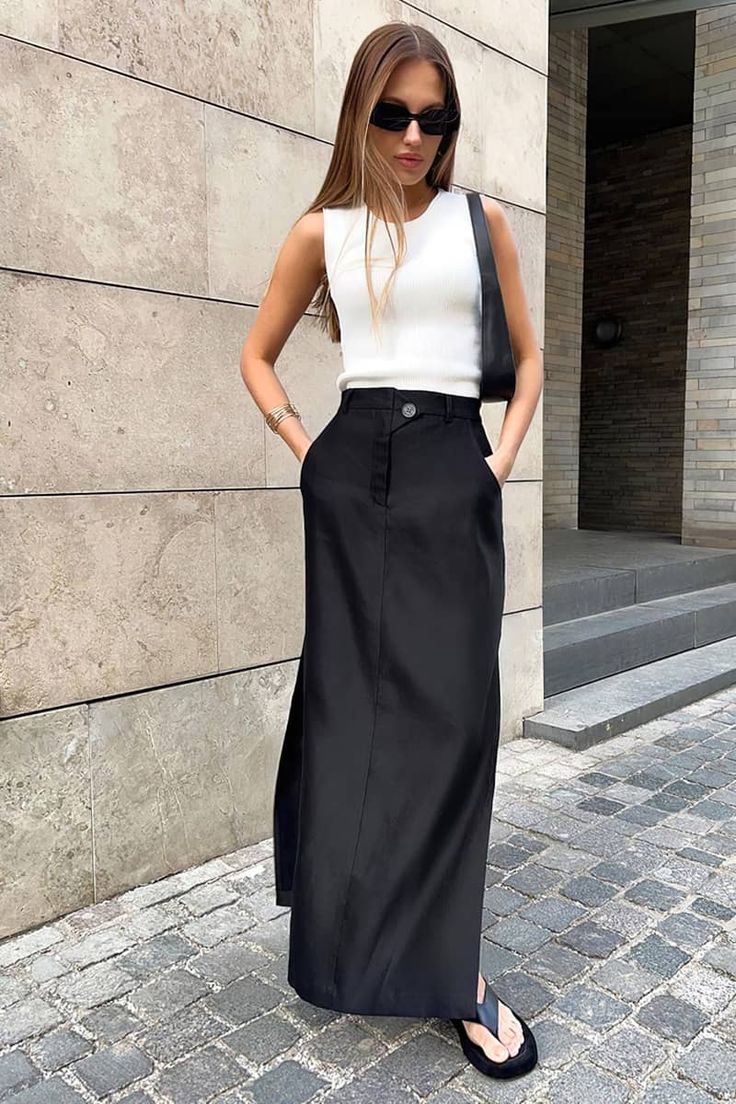 Slit high waist elegant commuter drape skirt – IFAUN Black Skirt Summer, Body Skirt, Autumn Style, Skirt Skirt, Sewing Table, Straight Skirt, Silk Material, Spring Summer Outfits, Cotton Silk